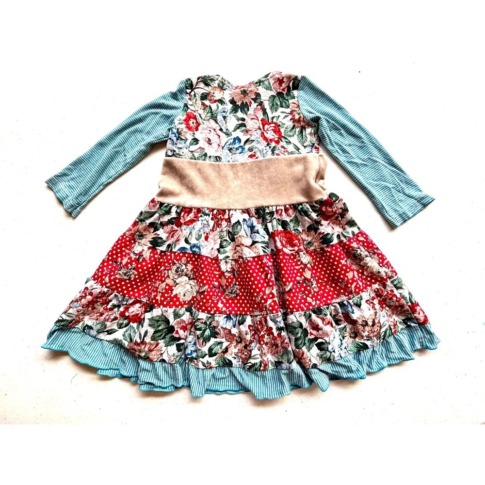 Boutique Floral Polka Dot Tiered Ruffle Dress Toddler 2T Red Blue Excellent